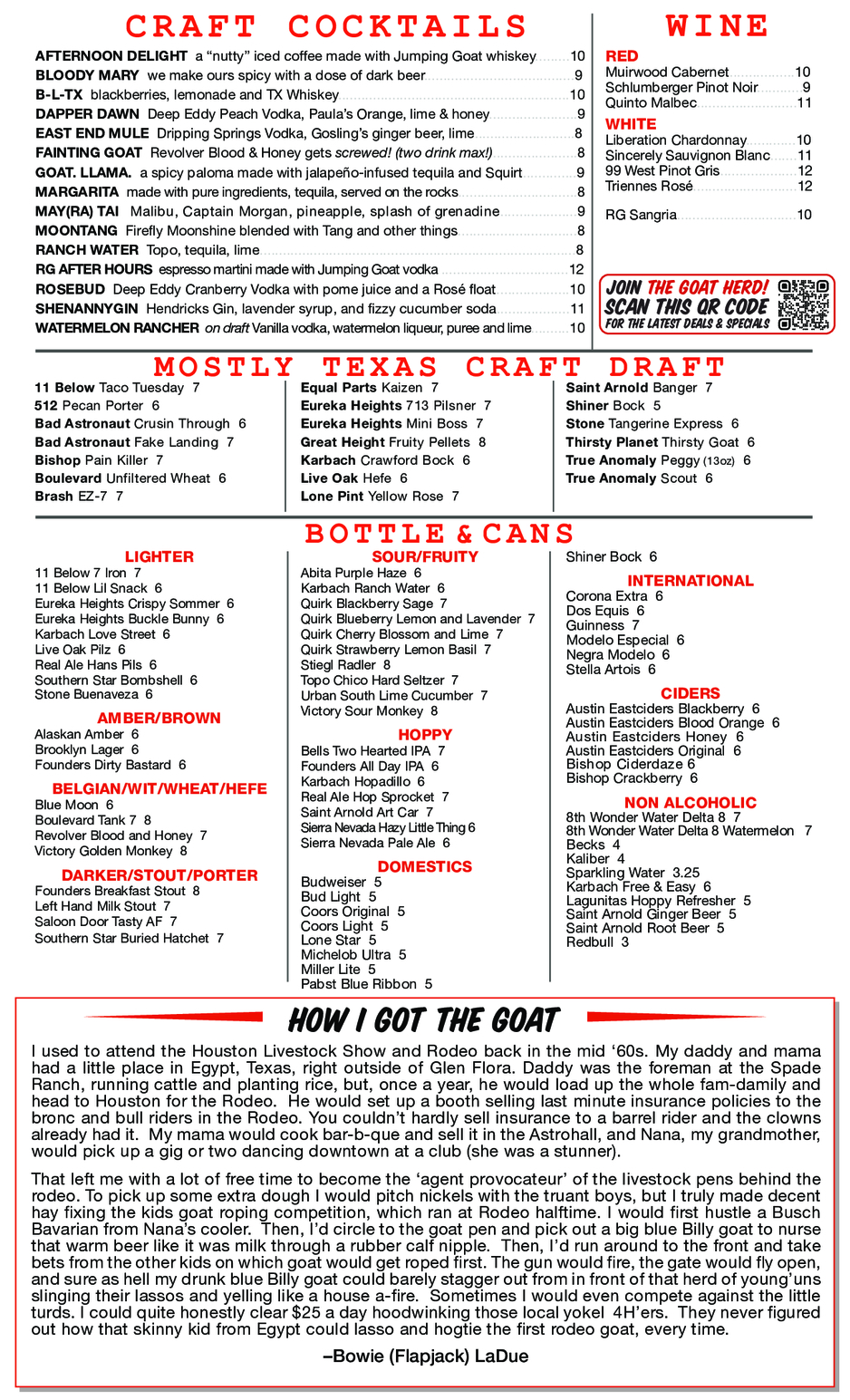 Rodeo Goat Houston Drink Menu